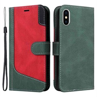 PU Leather Phone Case with Strap for iPhone X/XS 5.8 inch, Tri-color Splicing Wallet Stand Cover