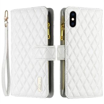 BINFEN COLOR BF Style-15 for iPhone X / XS 5.8 inch Full Protection Phone Case Stand Wallet Matte PU Leather Rhombus Pattern Imprinted Shell with Zipper Pocket