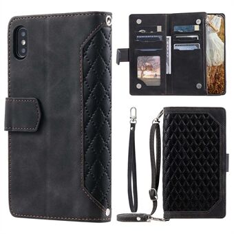 Rhombus Texture Phone Case for iPhone X / XS 5.8 inch, 005 Style Multiple Card Slots Zipper Pocket PU Leather Cover with Shoulder Strap and Hand Strap