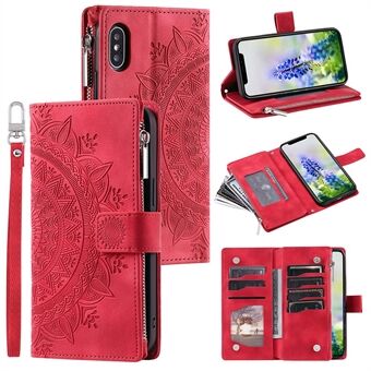 For iPhone X / XS 5.8 inch Mandala Flower Imprinted PU Leather Wallet Phone Case Multiple Card Slots Magnetic Closure Zipper Pocket Handbag Stand Flip Cover with Strap