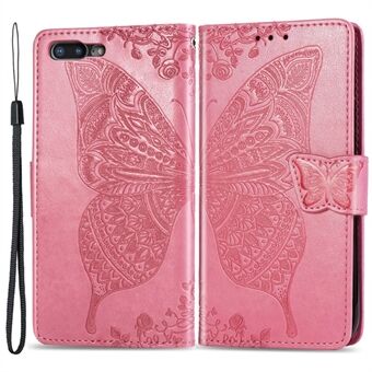 For iPhone 7 Plus / 8 Plus 5.5 inch Butterfly Flower Pattern Imprinted PU Leather Magnetic Flip Cover Viewing Stand Hand Strap Wallet Purse Case with Strap
