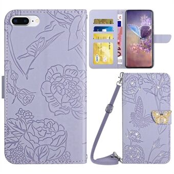 For iPhone 7 Plus 5.5 inch / 8 Plus 5.5 inch Butterfly Flowers Imprinted Phone Stand Case Rhinestone Decor PU Leather Wallet Skin-touch Cover with Shoulder Strap