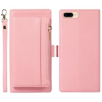 For iPhone 6 Plus / 6s Plus / 7 Plus / 8 Plus 5.5 inch Detachable Magnetic Zipper Wallet Case Litchi Texture PU Leather Folio Stand Phone Cover with Strap