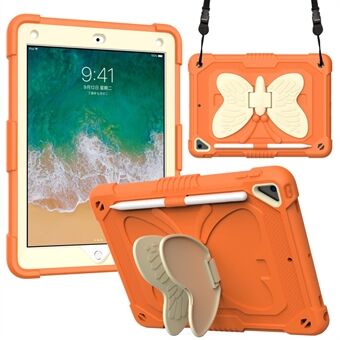 Bi-color Butterfly Shape Kickstand PC + Silicone Anti-fall Protective Tablet Cover Shell with Shoulder Strap for iPad 9.7-inch (2018)/(2017)/iPad Air 2