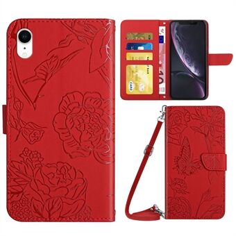 For iPhone XR 6.1 inch Stand Phone Case PU Leather Imprinting Butterflies Flower Pattern Wallet Shell with Shoulder Strap
