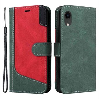Tri-color Splicing Folio Flip Leather Case for iPhone XR 6.1 inch, Wallet Stand Function Phone Cover with Strap