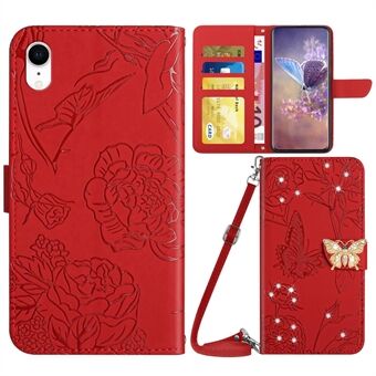 For iPhone XR 6.1 inch Butterfly Flowers Imprinted Rhinestone Decor Phone Cover Wallet Viewing Stand Leather Case with Shoulder Strap