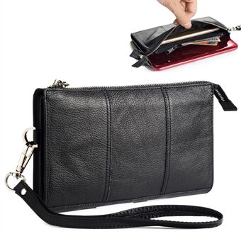 6.5 Inch Universal Phone Pouch Genuine Leather Waist Bag Zipper Portable Handbag with Strap for Smartphones - Black