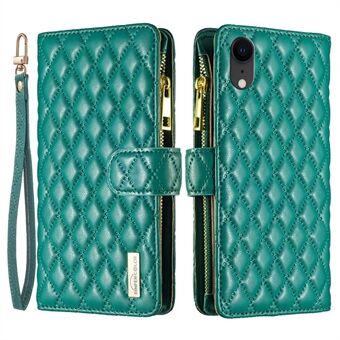 BINFEN COLOR BF Style-15 Zipper Pocket Case for iPhone XR 6.1 inch, PU Leather Stand Wallet Matte Rhombus Pattern Imprinted Phone Cover