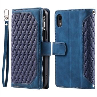 005 Style Zipper Pocket Phone Cover for iPhone XR 6.1 inch, Rhombus Texture Stand Wallet PU Leather Case with Wrist Strap