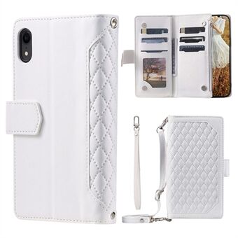 Zipper Pocket Leather Phone Cover for iPhone XR 6.1 inch, 005 Style Rhombus Texture Multiple Card Slots Stand Case with Shoulder Strap and Hand Strap