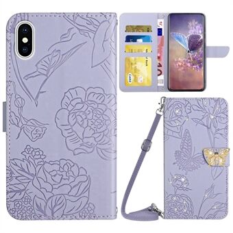 For iPhone XS Max 6.5 inch Butterfly Flowers Imprinted Rhinestone Decor Phone Cover Wallet Adjustable Stand Leather Case with Shoulder Strap