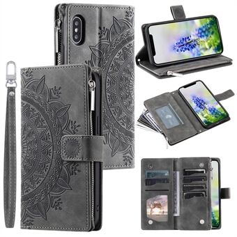 For iPhone XS Max 6.5 inch Mandala Flower Imprinted PU Leather Wallet Folio Flip Case Zipper Pocket Multiple Card Slots Stand Phone Cover with Strap