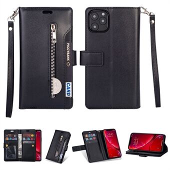 Zippered Leather Magnetic Stand Wallet TPU Accessory Shell with Strap for iPhone 11 6.1-inch (2019)