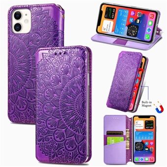 Imprinted Mandala Flower Pattern Auto-absorbed PU Leather Case Stand Wallet for iPhone 11 6.1-inch