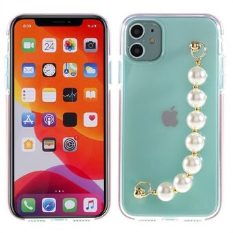 Bi-color Anti-Drop Crystal Clear TPU Phone Case with Pearl Hand Strap for iPhone 11 6.1 inch