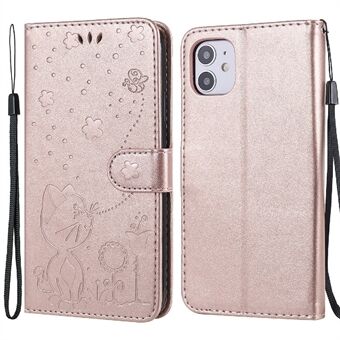 Imprint Cat and Bee Pattern Wallet PU Leather Phone Case for iPhone 11 6.1 inch
