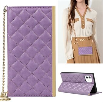 Grid Texture Leather Phone Case Crossbody Bag Built-in Makeup Mirror Phone Case with Shoulder Strap for iPhone 11