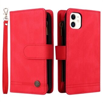 Tree Pattern Hardware Stripes Imprinted Skin-touch Wallet Stand Leather Cover Card Slots Flip Protective Case with Zipper Pocket for iPhone 11 6.1 inch