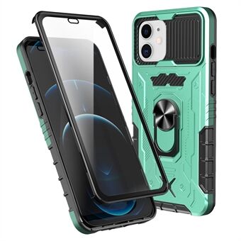 For iPhone 11 6.1 inch Slide Camera Protector Kickstand PC + TPU Hybrid Phone Case Shell with Tempered Glass Film