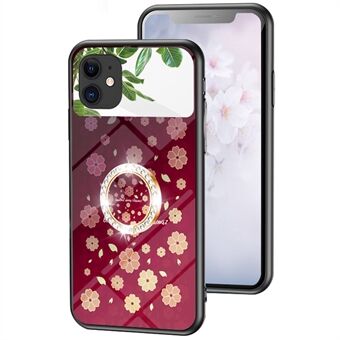 Magic Mirror Series Ring Kickstand Phone Case for iPhone 11 6.1 inch, Flower Pattern Mirror Design Tempered Glass + PC + TPU Cellphone Cover