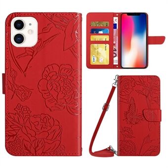 Butterfly Flowers Imprinting Phone Case for iPhone 11 6.1 inch PU Leather Phone Shell Hands-free Stand Wallet Case with Shoulder Strap