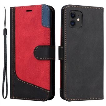 Viewing Stand Phone Case for iPhone 11 6.1 inch, PU Leather Tri-color Splicing Wallet Shell with Strap
