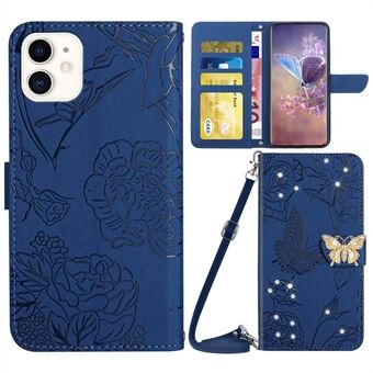 Rhinestone Decor PU Leather Cover for iPhone 11 6.1 inch, Butterfly Flowers Imprinted Stand Wallet Skin-touch Phone Case with Shoulder Strap
