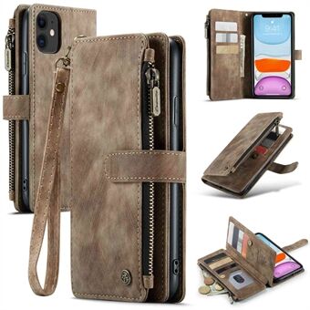 CASEME C30 Series Anti-fall Phone Wallet Case for iPhone 11 6.1 inch, Zipper Pocket Mobile Phone Cover Stand with Handy Strap and Multiple Card Slots