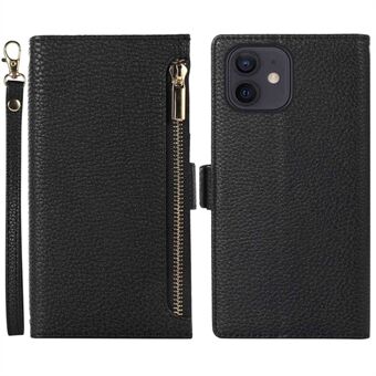 For iPhone 11 6.1 inch Zipper Pocket Design Litchi Texture Phone Case, PU Leather Flip Cover Foldable Stand Wallet with Strap