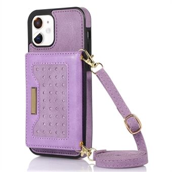 Rhinestone Decor Anti-drop Phone Case for iPhone 11 6.1 inch, Kickstand Wallet Leather Coated TPU RFID Blocking Cover with Shoulder Strap