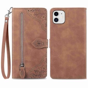 For iPhone 11 6.1 inch PU Leather Zipper Wallet Phone Case Flower Imprinted Magnetic Clasp Stand Folio Flip Cover with Strap