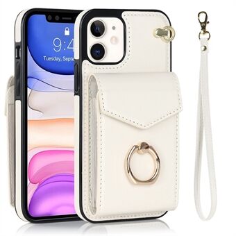 For iPhone 11 6.1 inch PU Leather Coated TPU Ring Kickstand Phone Case Accordion Style RFID Blocking Card Holder Protective Cover with Strap