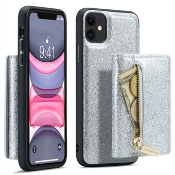 DG.MING M3 Series For iPhone 11 6.1 inch Zipper Pocket Magnetic Detachable 2-in-1 Phone Cover Glitter PU Leather Coated PC+TPU Kickstand Wallet Case