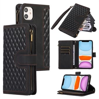 For iPhone 11 Zipper Pocket Leather Wallet Phone Case 9 Card Slots Rhombus Imprinted Stand Shell