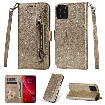 Flash Powder Zipper Pocket Wallet Flip Leather Phone Cover with Strap for iPhone 11 Pro 5.8 inch (2019)