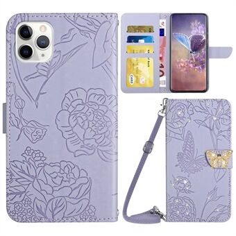 Skin-touch Rhinestone Decor Phone Case for iPhone 11 Pro 5.8 inch, Butterfly Flowers Imprinted Leather Stand Wallet Cover with Shoulder Strap