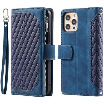 005 Style Zipper Pocket Phone Cover for iPhone 11 Pro 5.8 inch, Rhombus Texture PU Leather Stand Wallet Case with Wrist Strap