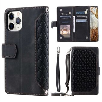 For iPhone 11 Pro 5.8 inch 005 Style Multiple Card Slots Rhombus Texture PU Leather Zipper Pocket Stand Phone Case with Shoulder Strap and Hand Strap