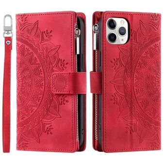 Mandala Flower Imprinted Phone Case For iPhone 11 Pro 5.8 inch, Zipper Pocket Wallet Stand Multiple Card Slots Full Protection PU Leather Phone Cover with Strap