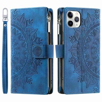Shockproof Cell Phone Cover For iPhone 11 Pro Max 6.5 inch, Mandala Flower Imprinted Zipper Pocket Wallet Stand Multiple Card Slots PU Leather Phone Case with Strap