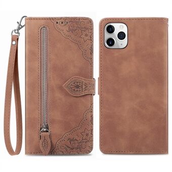 Flower Imprinted Pattern Phone Cover For iPhone 11 Pro Max 6.5 inch, PU Leather Zipper Pocket Full Protection Smartphone Case Wallet Stand