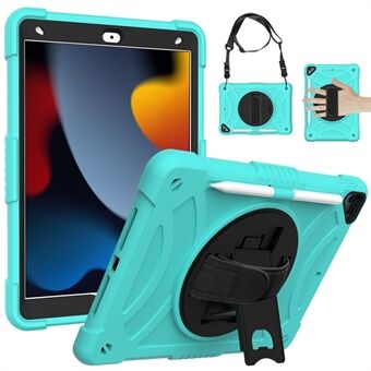 For iPad 10.2 (2021) / (2019) / (2020) Shockproof Case Anti-Scratch Rotating Kickstand Case with Shoulder Strap Portable Silicone+PC Tablet Case
