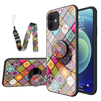 Colorful Flower Print Hybrid Glass Phone Case Cover with Kickstand Lanyard for iPhone 12 mini