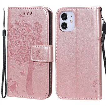 Imprinted Cat and Tree Pattern Folio Flip Protective Phone Cover Wallet Leather Case for iPhone 12 mini 5.4 inch