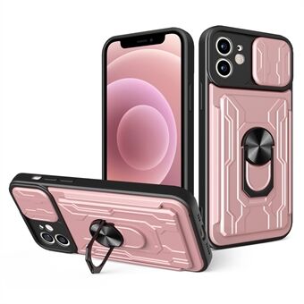 Card Slot Ring Kickstand Design Hard PC + Soft TPU Phone Case Shell with Camera Slide Cover for iPhone 12 mini 5.4 inch