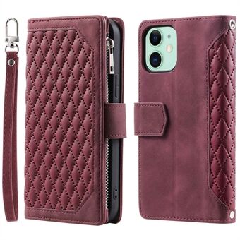 005 Style PU Leather Zipper Pocket Case for iPhone 12 mini 5.4 inch, Stand Rhombus Texture Anti-drop Phone Wallet Cover with Wrist Strap