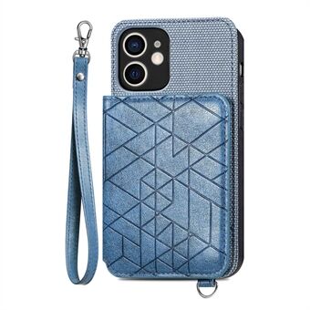 Geometry Imprinted Wallet Phone Cover for iPhone 12 mini 5.4 inch, Kickstand PU Leather Coated TPU Case with Hand Strap