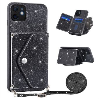 For iPhone 12 mini 5.4 inch Shoulder Strap Phone Case Kickstand Card Holder Cover with Glittery Powder Decor