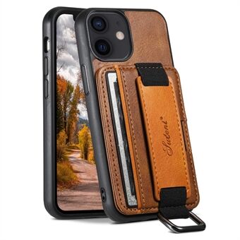 SUTENI H13 For iPhone 12 mini 5.4 inch Card Holder Case with Hand Strap Kickstand Leather Coated PC+TPU Phone Cover
